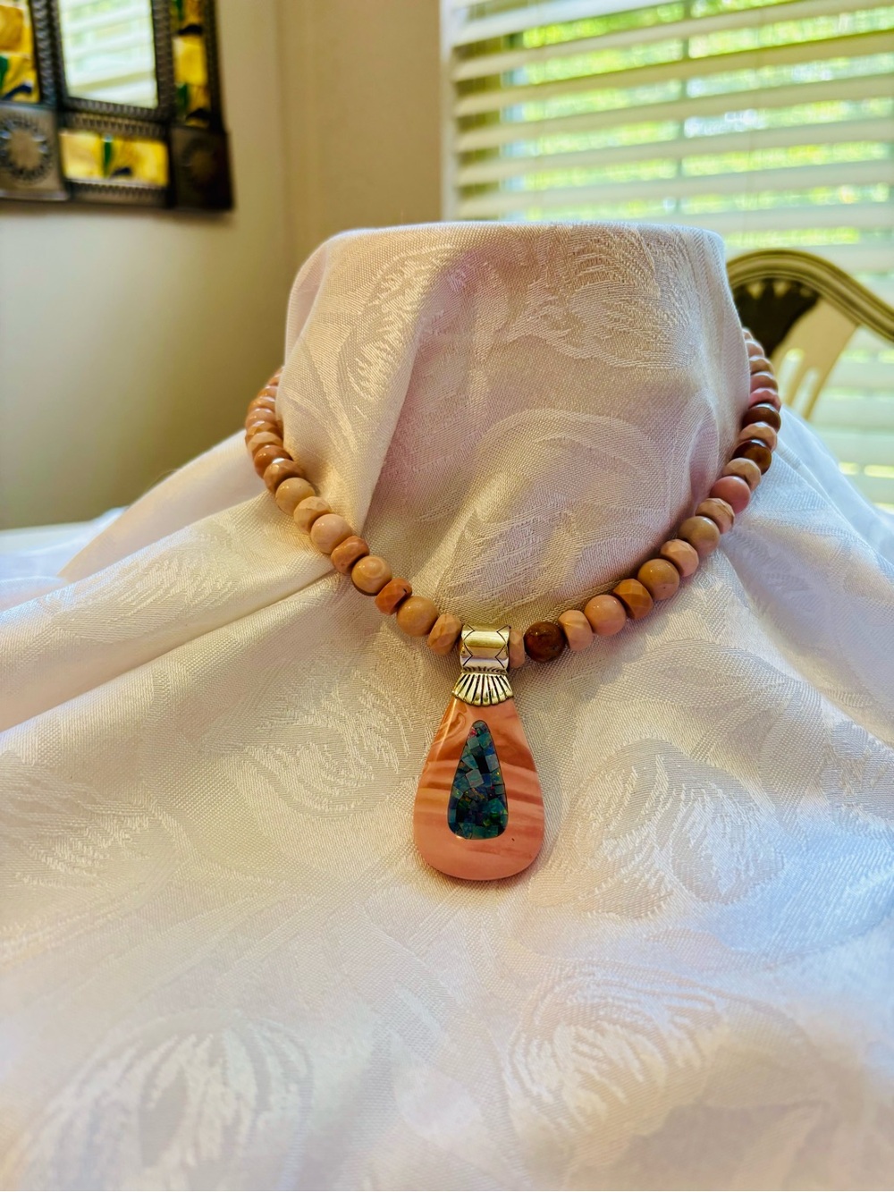 Jay King rhodonite beaded Necklace with Mosiac Opal Inlay Pendant